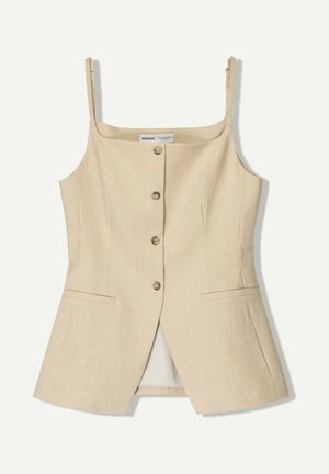 Beige pinstripe sleeveless top with a square neckline, front button closure, and two side pockets. Smooth fabric with a tailored fit.