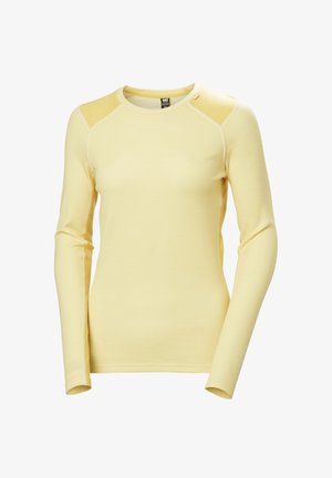 Long-sleeve yellow top with a crew neckline, textured fabric, and accent paneling on shoulders for enhanced fit and style.
