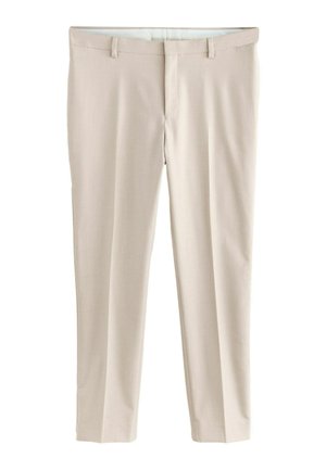 Beige formelle Hose mit Gürtelschlaufen, flacher Vorderseite und geradem Bein, dargestellt vor weißem Hintergrund.