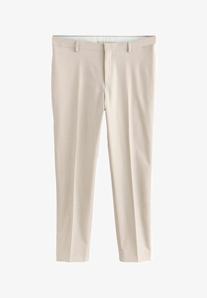 Beige formelle Hose mit Gürtelschlaufen, flacher Vorderseite und geradem Bein, dargestellt vor weißem Hintergrund.