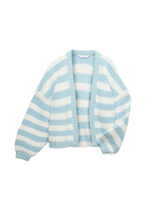 Grober Strickcardigan mit breiten horizontalen blauen und weißen Streifen, offenem Vorderteil sowie gerippten Bündchen und Saum.