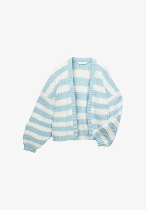 Cardigan lavorato a maglia grossa con ampie strisce orizzontali blu e bianche, apertura frontale e polsini e orlo a coste.