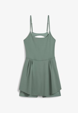 Zaļš bezpiedurkņu kleitas ar pieguļošu augšdaļu un izplestu svārku, ar izgriezumu aizmugurē un mīkstu, teksturētu audumu.