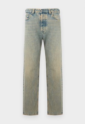 Faded blå denimjeans med rette ben, frontknapper og glidelås, beltehemper og fem lommer.