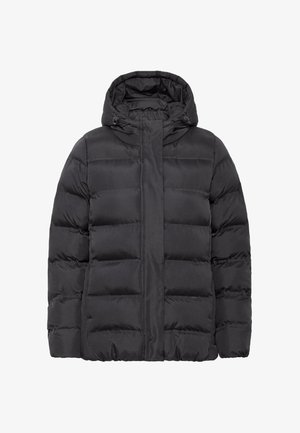 Doudoune noire avec capuche, design matelassé, fermeture éclair à l'avant et poignets élastiques. Fabriquée dans un matériau doux et isolé pour assurer la chaleur.