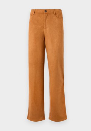 Braune Wildlederhosen mit geradem Bein, die einen Reißverschluss, einen Knopfverschluss und normale Fronttaschen aufweisen. Weiche Textur und einfarbig.