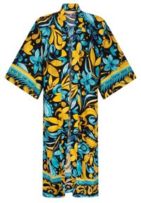 Robe in stile kimono in tessuto nero con vivaci motivi floreali in giallo e turchese, dotata di maniche ampie e una vestibilità morbida.