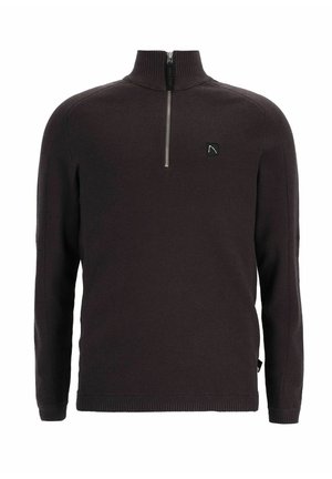 Dunkelbrauner Pullover mit einem Reißverschluss am Hals, geribbeltem Kragen und Bündchen. Mit einem kleinen Logo-Patch auf der Brust und strukturiertem Stoff.