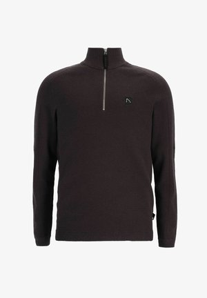 Pulover maro închis cu guler cu fermoar, guler și manșete cu nervuri. Dispune de o mică etichetă cu logo pe piept și material texturat.