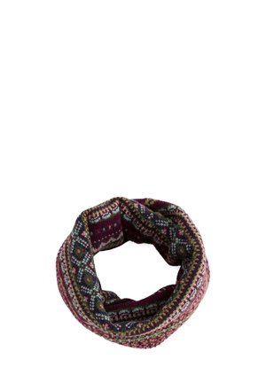 Écharpe circulaire tricotée avec un motif géométrique multicolore et complexe dans des tons bordeaux, vert, rose et blanc.