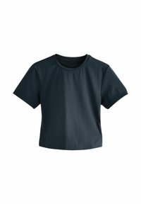 Korte mouw, cropped T-shirt in donker marineblauw, gemaakt van gladde, elastische stof met een ronde hals en een minimalistisch ontwerp.
