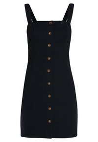 Schwarzes ärmelloses Kleid mit dünnen Trägern, enganliegendem Oberteil und einer Frontreihe mit acht braunen Knöpfen, die bis zum Saum reichen.