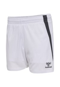 Short de sport blanc avec taille élastique, bande latérale noire et logo hummel noir sur le bas de la jambe gauche.