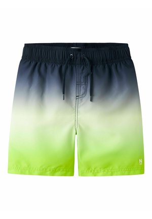 Meeste ujumispüksid, millel on heleduse gradient alates tumesinisest ülaservast kuni erkroheliseni allosas ning reguleeritav must nöörvöökoht.