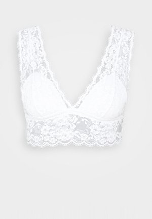 White lace bralette with a deep V-neck, wide lace straps, floral pattern, and a scalloped hem. Soft texture with a light, delicate appearance.