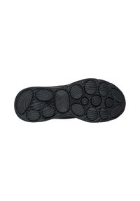 Suela de zapato de goma negra con patrones de tracción circulares y ovalados variados, secciones lisas y texturizadas para agarre y durabilidad.