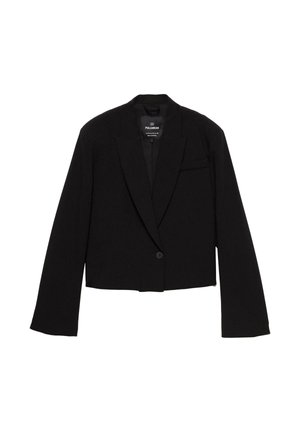 Kurzes schwarzes Blazer aus glattem Stoff, mit einem einzelnen Knopfverschluss, Reverskragen und einer Brusttasche in minimalistischer Gestaltung.