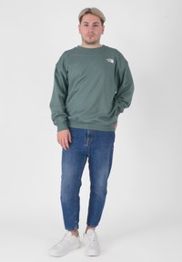 Sweatshirt verde bosco con scollo a girocollo e logo sul petto sinistro, abbinato a jeans blu e sneakers bianche. Design semplice, vestibilità casual.