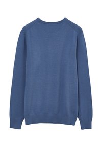 Felpa blu, realizzata in tessuto morbido, con colletto a girocollo a coste, maniche lunghe e un semplice design posteriore senza cuciture.