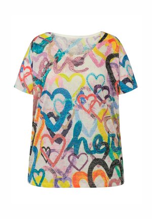 T-paita lyhyillä hihoilla, jossa on värikäs sydänkuvio ja hillitty kiilto. Pyöreä pääntie ja rento malli. Puuvill materiaalista.