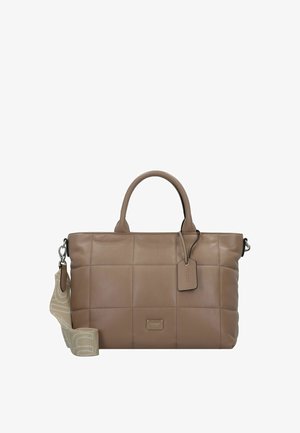 Brown leather bag with quilted design, two top handles, removable patterned strap, and rectangular shape. Features a luggage tag and logo detail.