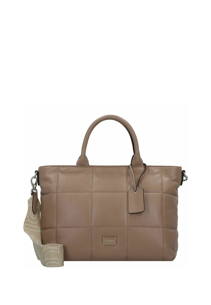 Brown leather bag with quilted design, two top handles, removable patterned strap, and rectangular shape. Features a luggage tag and logo detail.
