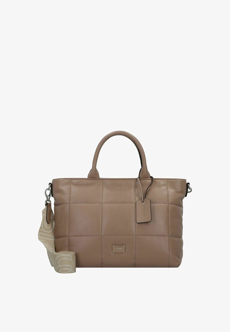 Brown leather bag with quilted design, two top handles, removable patterned strap, and rectangular shape. Features a luggage tag and logo detail.