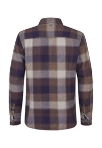 Camicia in flanella a maniche lunghe con motivo a quadri in blu navy, marrone e crema. Colletto classico con polsini abbottonati e dettaglio sul retro.