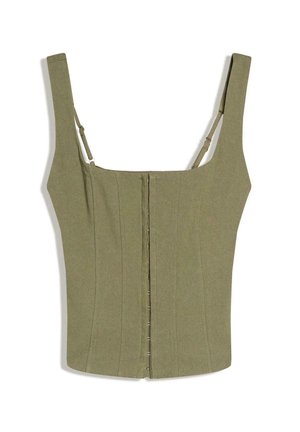 Olive green fitted sleeveless top with wide straps and front hook-and-eye closures, structured with vertical seam detailing.