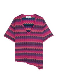 Knit top featuring a zigzag pattern in pink, purple, and teal, with a V-neck and scalloped edges. Short sleeves and asymmetrical hem.