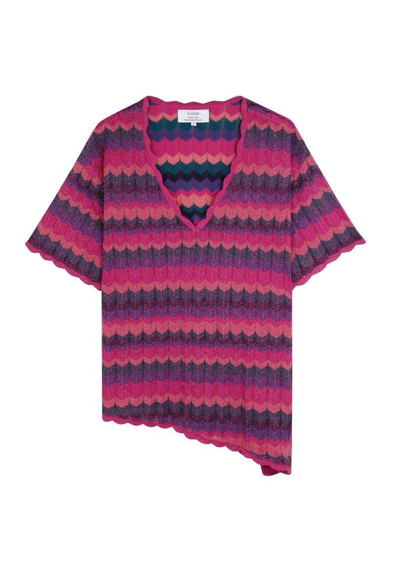 Knit top featuring a zigzag pattern in pink, purple, and teal, with a V-neck and scalloped edges. Short sleeves and asymmetrical hem.