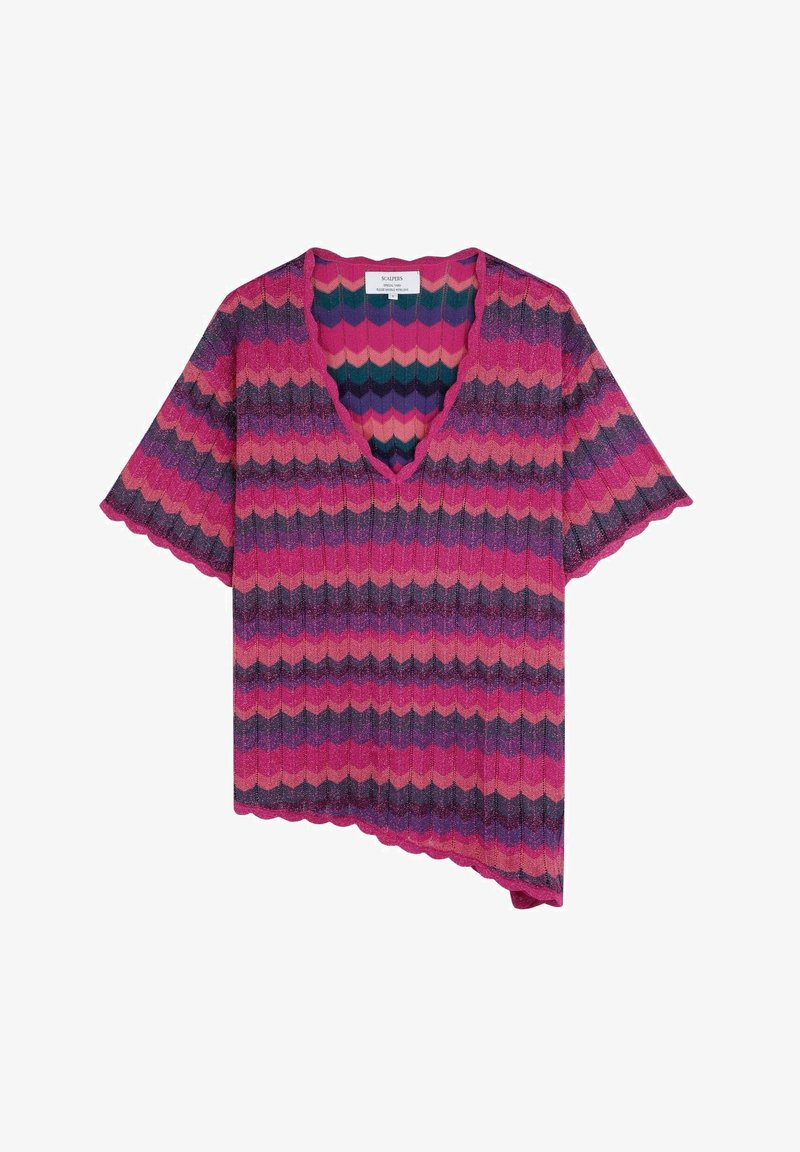 Strickoberteil mit einem Zickzackmuster in Pink, Lila und Türkis, mit V-Ausschnitt und gewellten Kanten. Kurze Ärmel und asymmetrischer Saum.