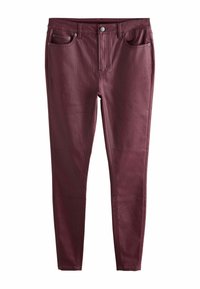 Burgundy skinny jeans i smidig bomullstyg, med fem fickor, en framficka med dragkedja och metallknapstängning.