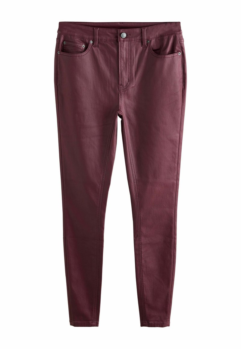 Burgundy skinny jeans i smidig bomullstyg, med fem fickor, en framficka med dragkedja och metallknapstängning.