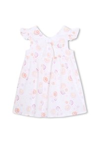 Robe en coton blanc avec des manches volantes, ornée d'un motif de coquillage dans des couleurs pastel et d'un dos en forme de clé.