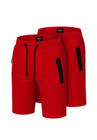 Rode sportieve shorts gemaakt van zachte stof, met zwarte ritszakken, een elastische tailleband en een trekkoord voor een verstelbare pasvorm.