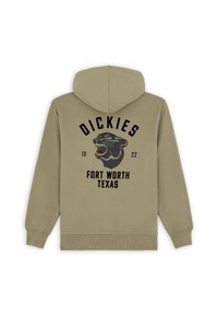 Felpa con cappuccio khaki che presenta un grafico di un puma nero e la scritta "Dickies 1922 Fort Worth Texas" sul retro. Materiale morbido in misto cotone.