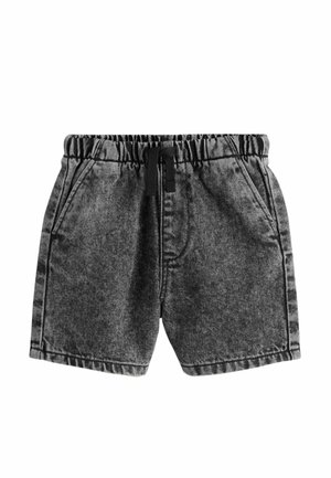 Czarne, wyblakłe szorty jeansowe z elastycznym pasem i czarnym sznurkiem do ściągania, wyposażone w boczne kieszenie oraz widoczne przeszycia.