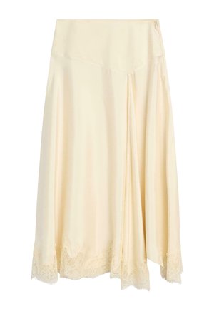 Jupe midi en satin couleur crème avec bordure en dentelle à l'ourlet et un pli drapé d'un côté.