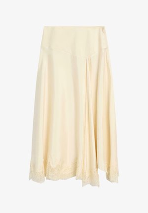 Midi-nederdel i cremefarvet satin med blondekant ved kanten og et draperet plissédetalje på den ene side.