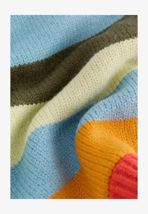 Pletivo od vunene tkanine sa prugama u svijetloplavoj, zelenoj, bež, narančastoj i crvenoj boji. Teksturirana površina s vidljivim detaljima šavova.