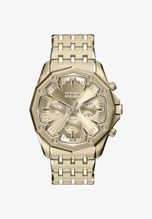 Goldfarbene achteckige Uhr mit gebürstetem Metallarmband, ausgestattet mit drei Multifunktionszifferblättern, erhabenen Markierungen und dem Markennamen "DIESEL" auf dem Zifferblatt.