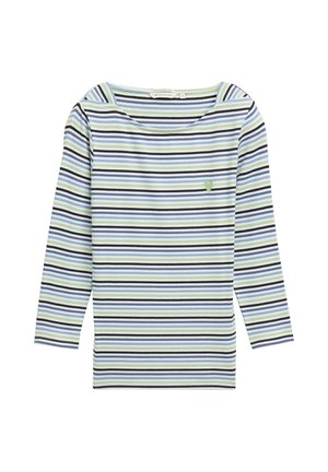 T-shirt à manches longues en bleu clair, vert et rayures horizontales bleu marine. Présente un col bateau et un petit logo en forme de cœur vert sur la poitrine.