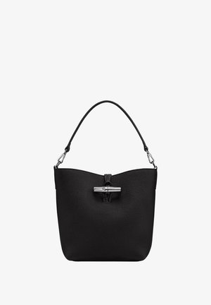 Black leather handbag with a textured finish, featuring a looped handle, a clasp closure, and a slouchy silhouette.