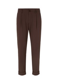 Bruine broek met een moderne snit, voorzien van plooien, een opgerolde zoom en een enkele knoopsluiting. Glad stoffen met een op maat gemaakte ontwerp.