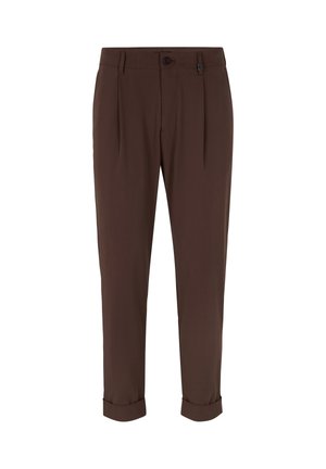 Bruine broek met een moderne snit, voorzien van plooien, een opgerolde zoom en een enkele knoopsluiting. Glad stoffen met een op maat gemaakte ontwerp.