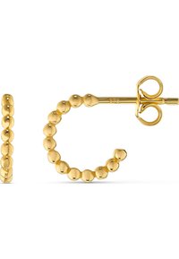 Guld-hoopörhängen med en pärlmönsterdesign, som har en slät, glänsande yta och en säker låsmekanism.