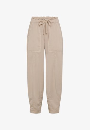 Beige puuvillasegusega püksid, millel on elastne vöökoht ja nöör, kahes ees olevas taskus ning kitsenevad varrukad.