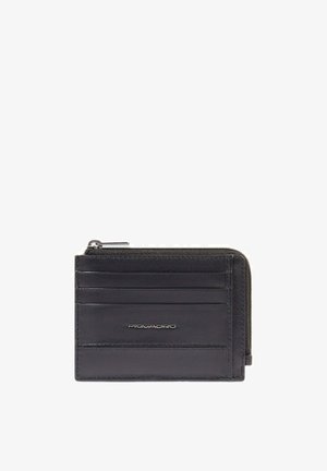 Black leather wallet with a zip closure, multiple card slots on the front, and a subtle logo. Smooth texture with neat stitching and edges.