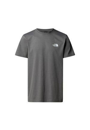 T-shirt en coton gris à manches courtes, col rond, avec un logo blanc sur la poitrine gauche. Texture lisse, coupe décontractée.